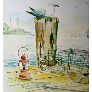 Seagull Art Print Crab Trap Bay Harbor Nautical Seaside Dock Gulls T Rex 10x13"